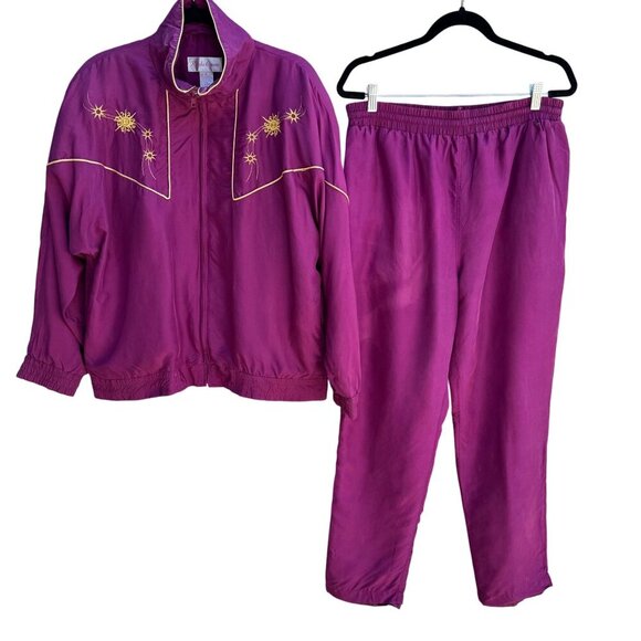 Rhoda Lynne Vintage Magenta Silk Embroidered Oversized Elastic Waist Tracksuit M - Picture 1 of 14